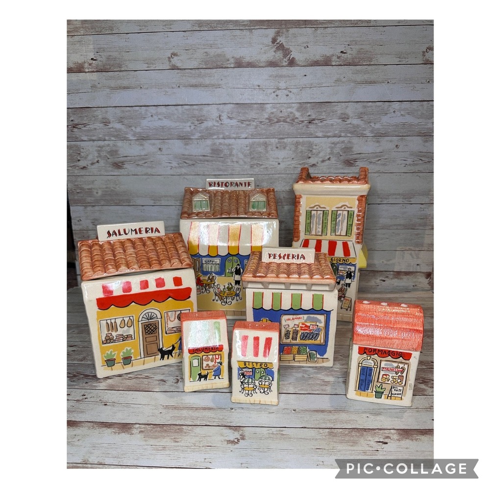 RARE Vintage Fitz & Floyd Italian Village Shops Canister Set, Salt, Pepper Set
